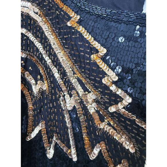 Vintage Silk Leaf Sequin Blouse 2X Black & Gold Holiday Glam 80s Retro MobWife - Picture 4 of 6